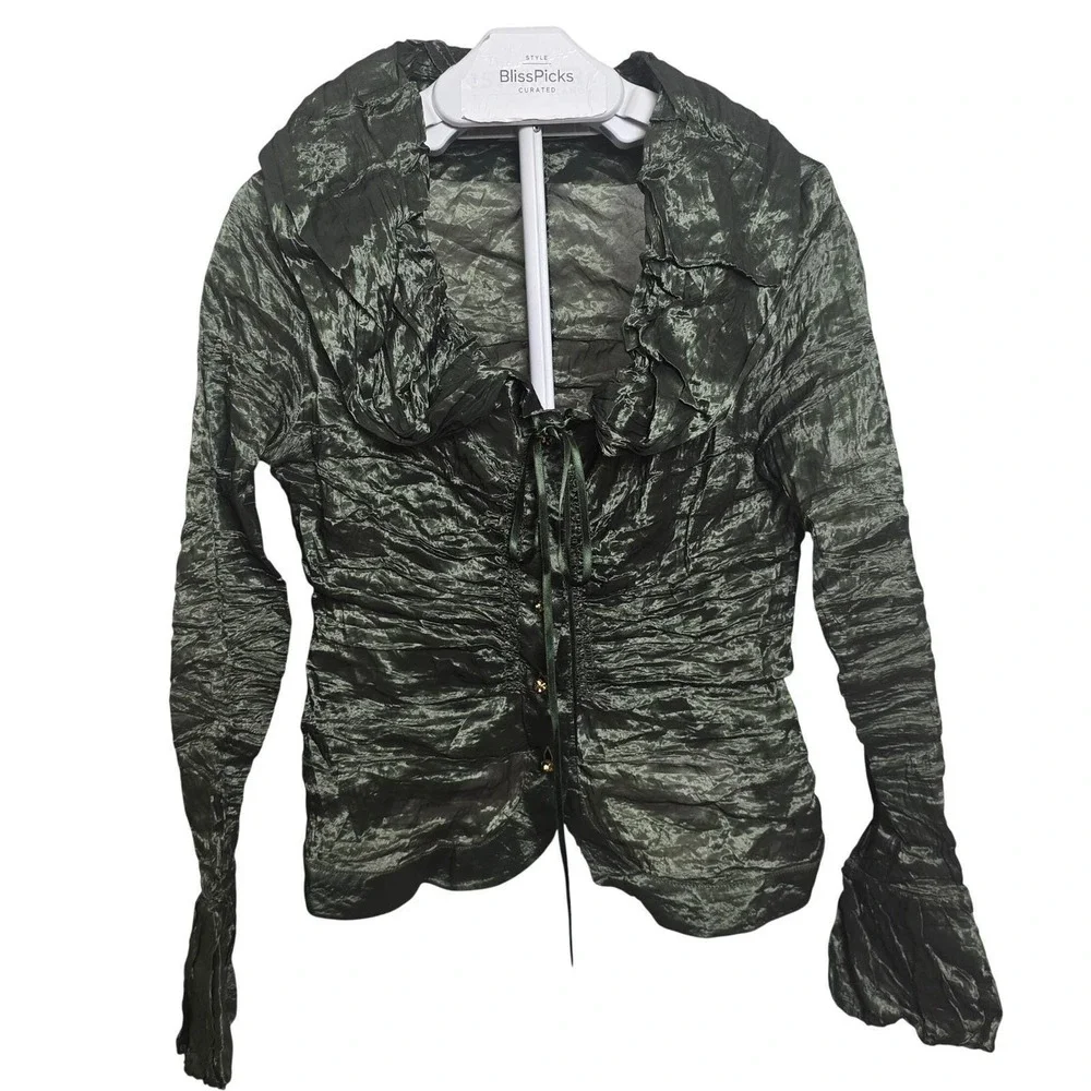 Maria Grazia Severi Y2K Vintage Green Metallic Jacket IT 48 Jewel Button Italy‎